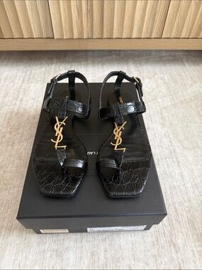 Saint Laurent Black Croc-Embossed Leather Sandals with Gold YSL Accent Sz 36